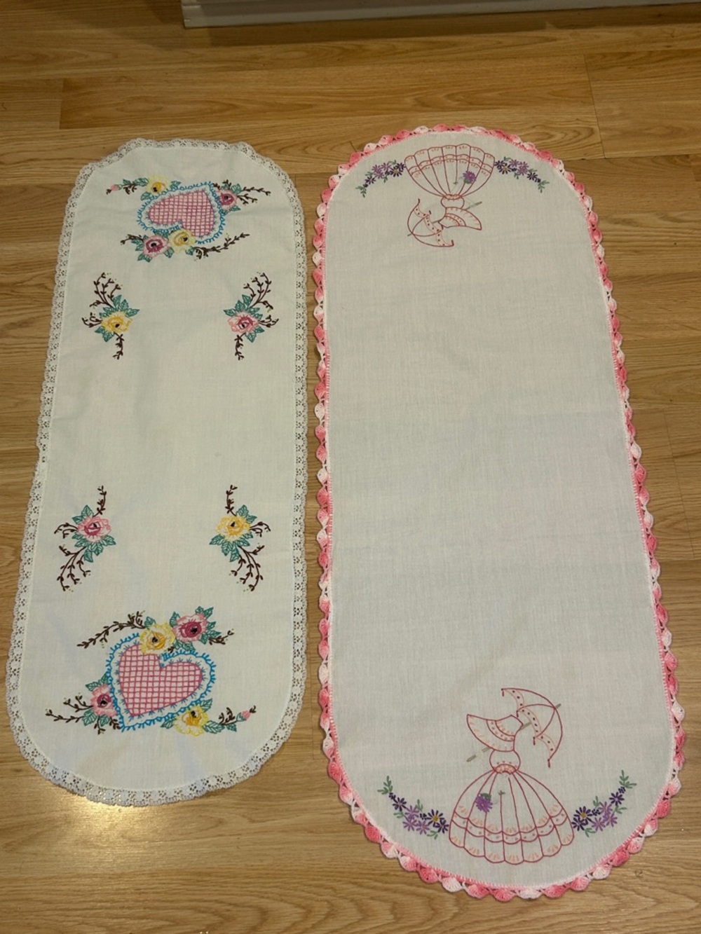 Embroidered Vintage-Style Table Runners - Floral & Pink Trim Qty 2 - Picture 8 of 14